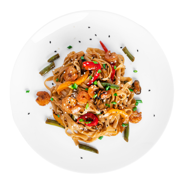 tagliatelle dish with prawns and peppers